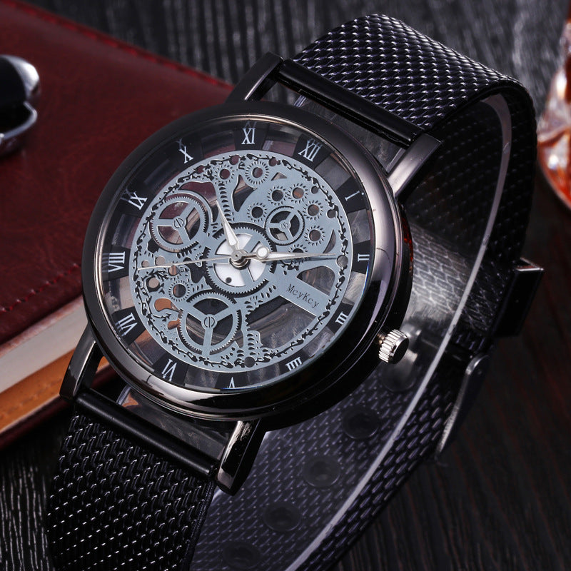 Hot-selling men's watch for foreign trade, hollow-out design, non-mechanical, casual and fashionable mesh strap, men's quartz watch, wholesale from manufacturer
