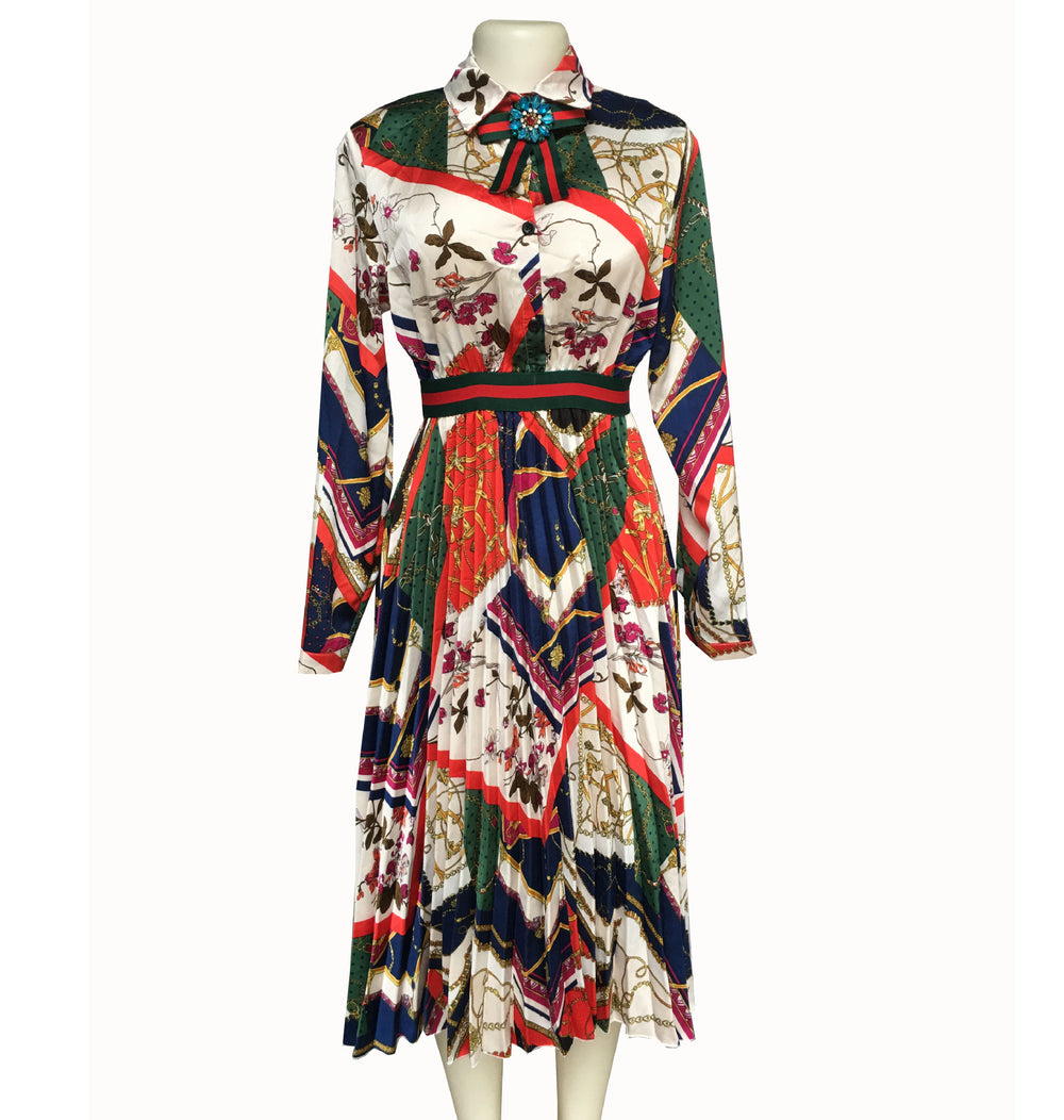 Satin printing pleated elegant socialite style african fashion shirt collar waist shirt collar long skirt