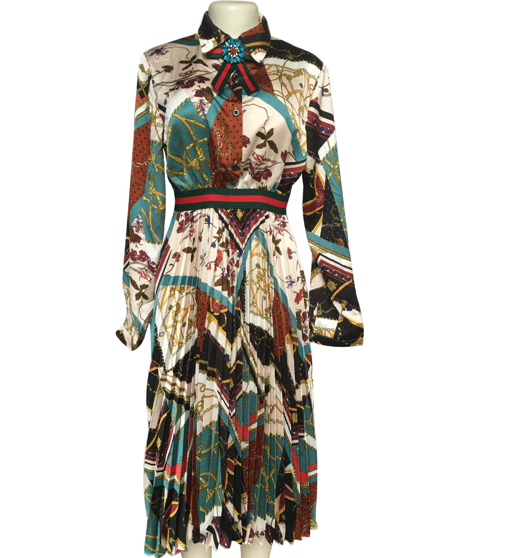 Satin printing pleated elegant socialite style african fashion shirt collar waist shirt collar long skirt