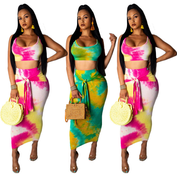 Suit women's 2019 summer new European and American sexy women's clothing casual tie-dye sling vest two-piece set Internet celebrity models