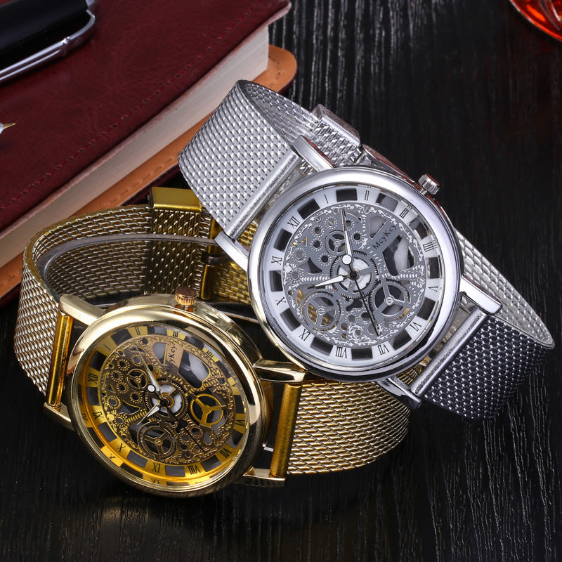 Hot-selling men's watch for foreign trade, hollow-out design, non-mechanical, casual and fashionable mesh strap, men's quartz watch, wholesale from manufacturer