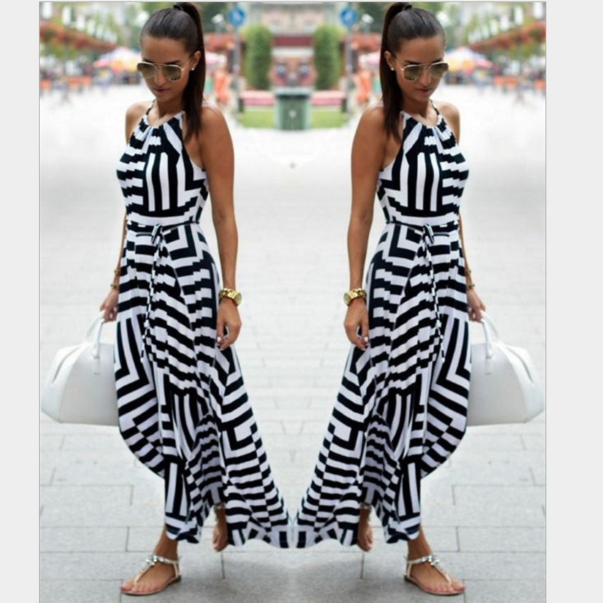 2025ebay fashion black and white geometric printingloosedress large hem long skirt spring and summer women's clothing