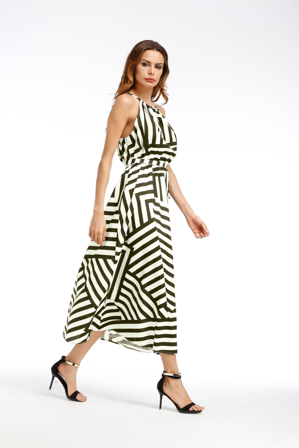 2025ebay fashion black and white geometric printingloosedress large hem long skirt spring and summer women's clothing