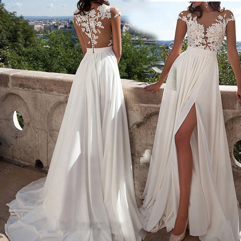 new cross-border export fashion european and american wedding dresses   sexy lace slit evening gowns long dresses