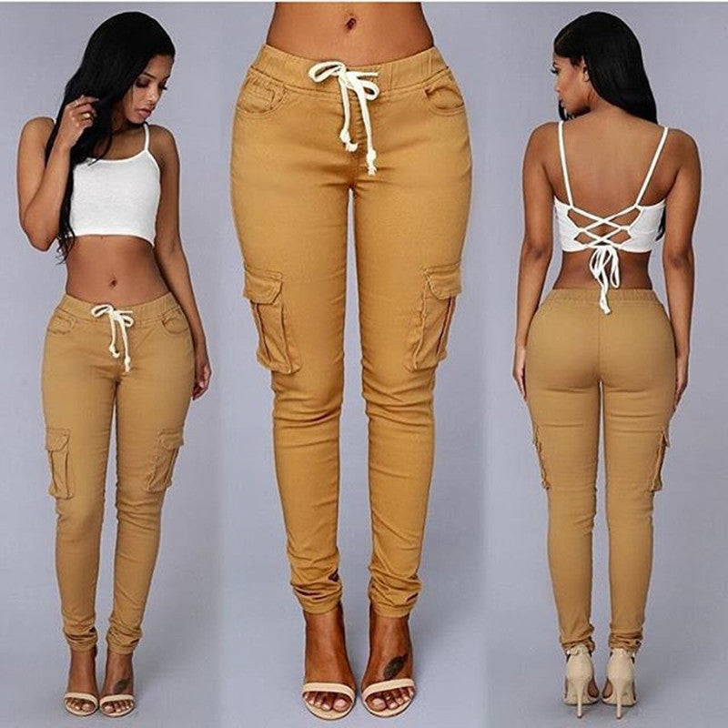 2025wish european and american women's multi-pocket drawstring casual pants 8509#