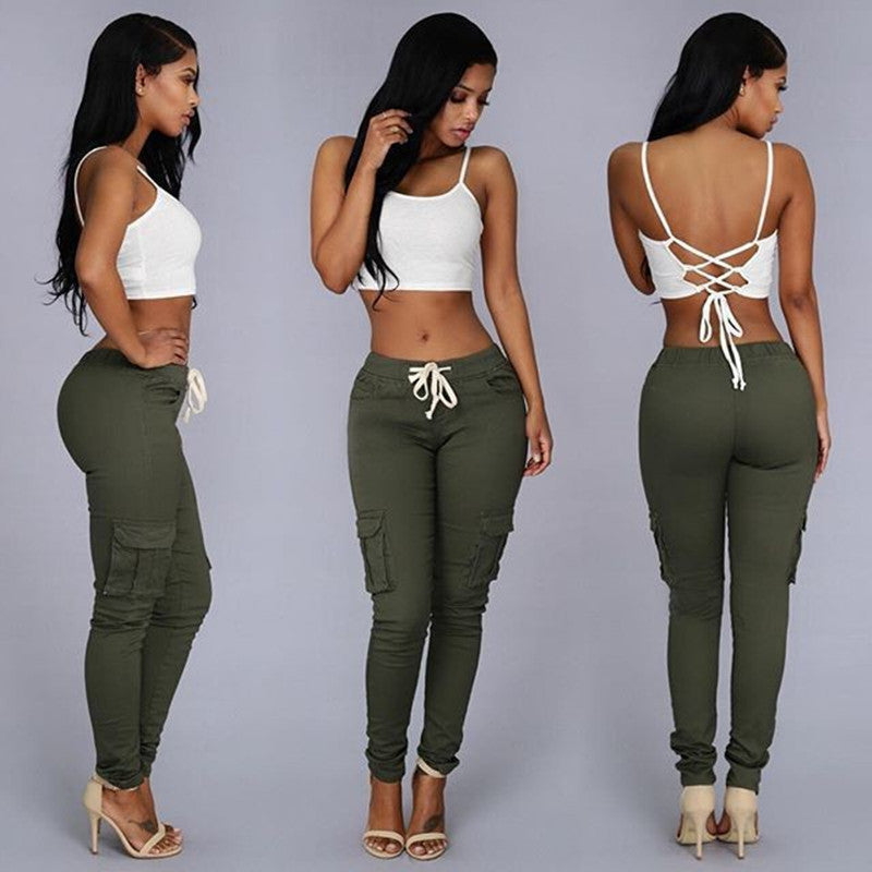 2025wish european and american women's multi-pocket drawstring casual pants 8509#