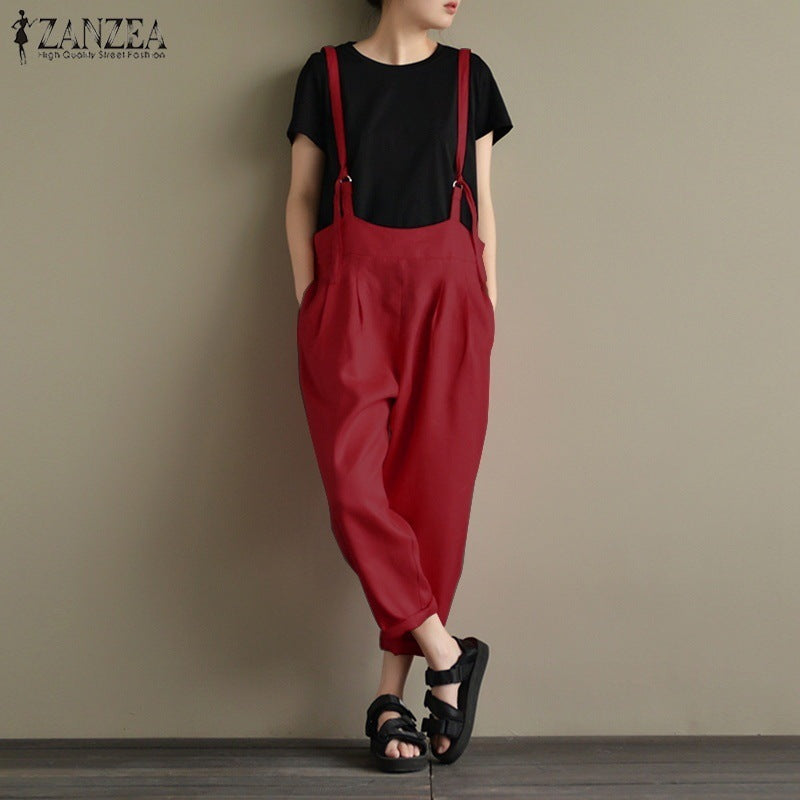 2026 cross-border wish amazon new european and american style women's vintage cotton linen overalls casual long pants - in stock