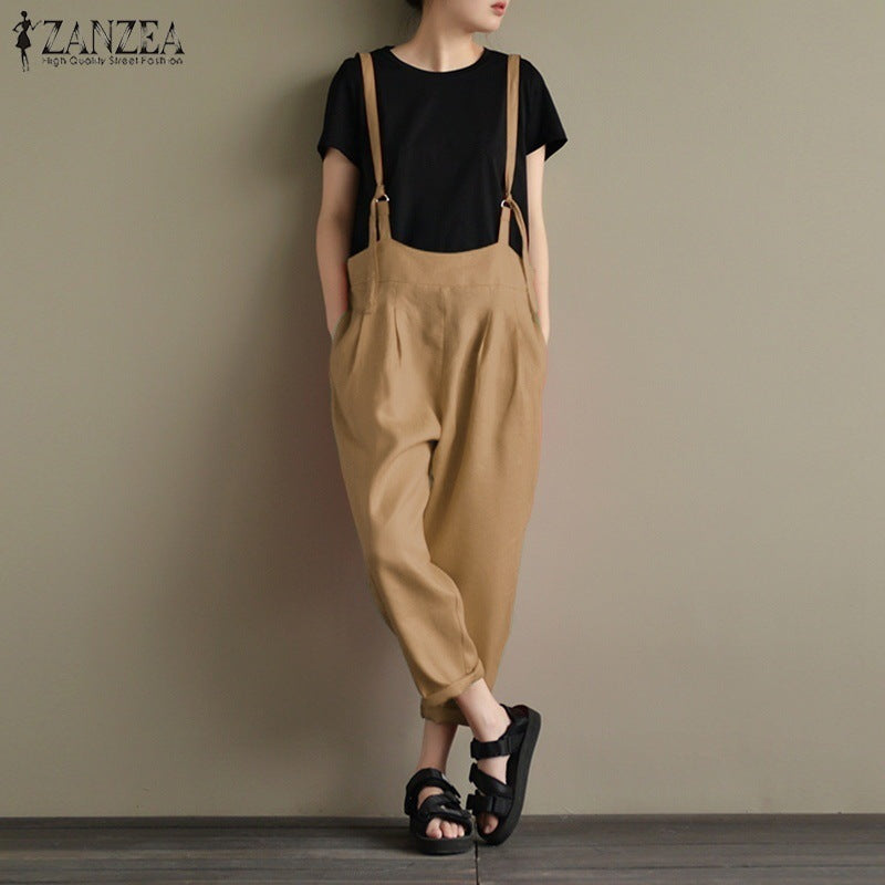 2026 cross-border wish amazon new european and american style women's vintage cotton linen overalls casual long pants - in stock