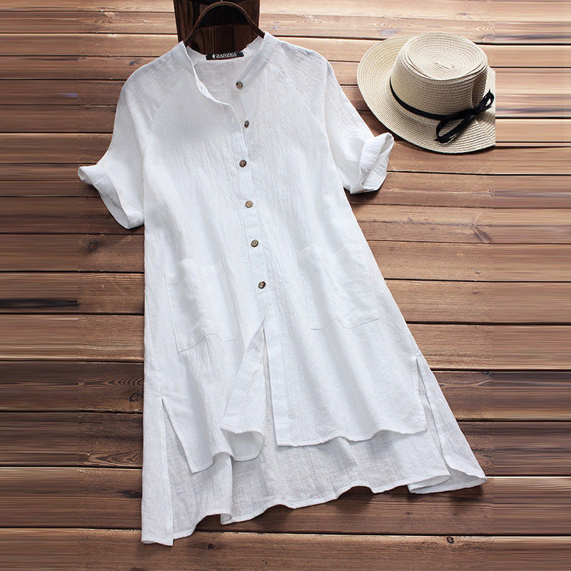 2025 ebay amazon casual women's raglan sleeve button-down pocket cotton linen shirt - new arrival