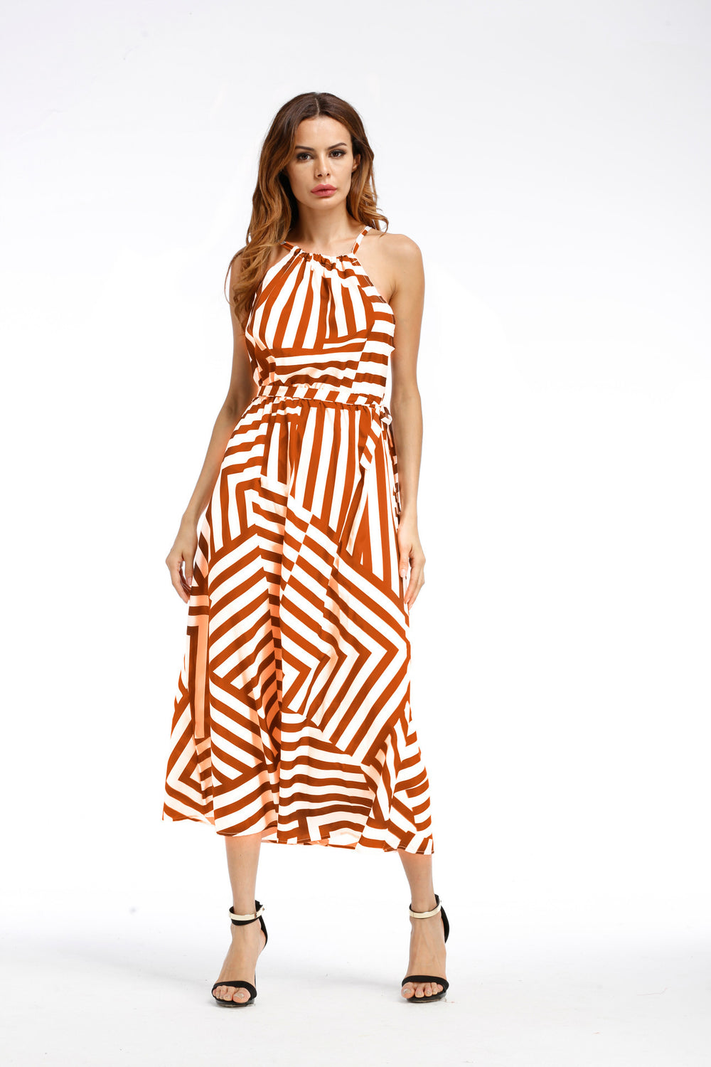 2025ebay fashion black and white geometric printingloosedress large hem long skirt spring and summer women's clothing