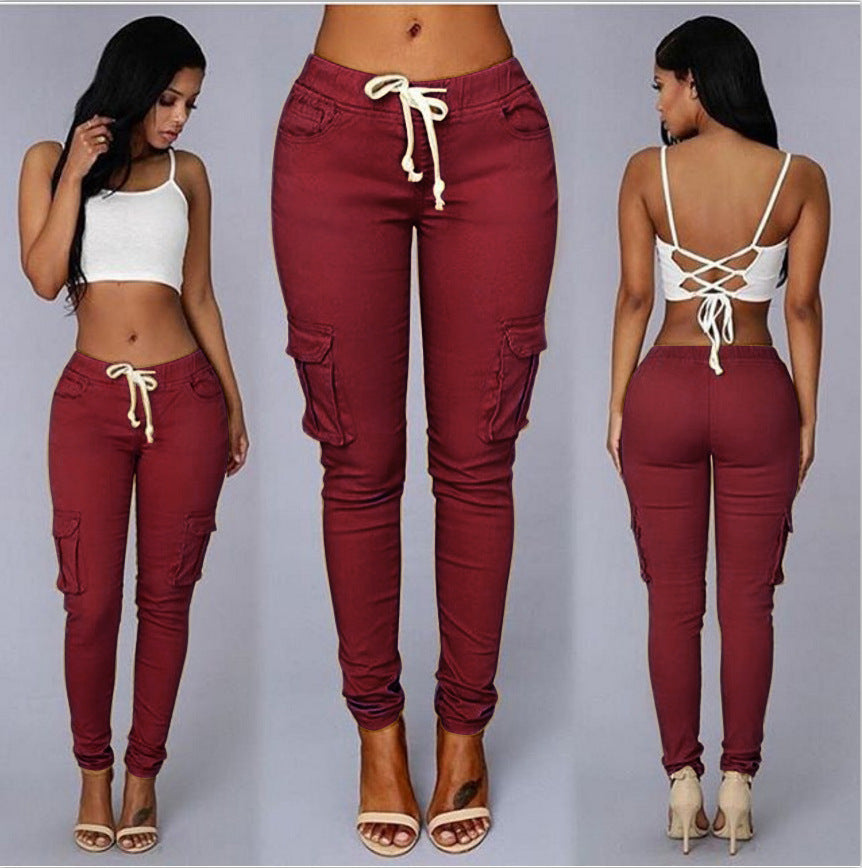 2025wish european and american women's multi-pocket drawstring casual pants 8509#