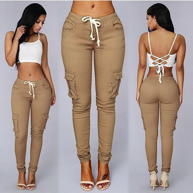 2025wish european and american women's multi-pocket drawstring casual pants 8509#