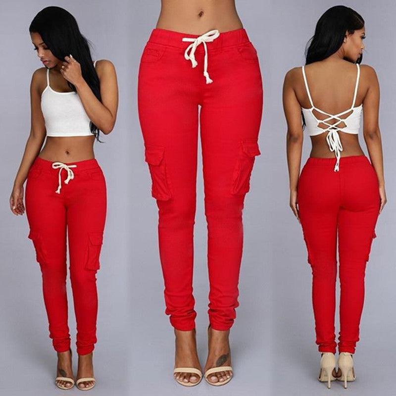 2025wish european and american women's multi-pocket drawstring casual pants 8509#