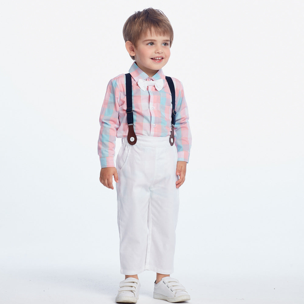 Ins kidslong sleevessuit cross-border fashionnew arrival boys shirt suspenders two-piece setboy suit