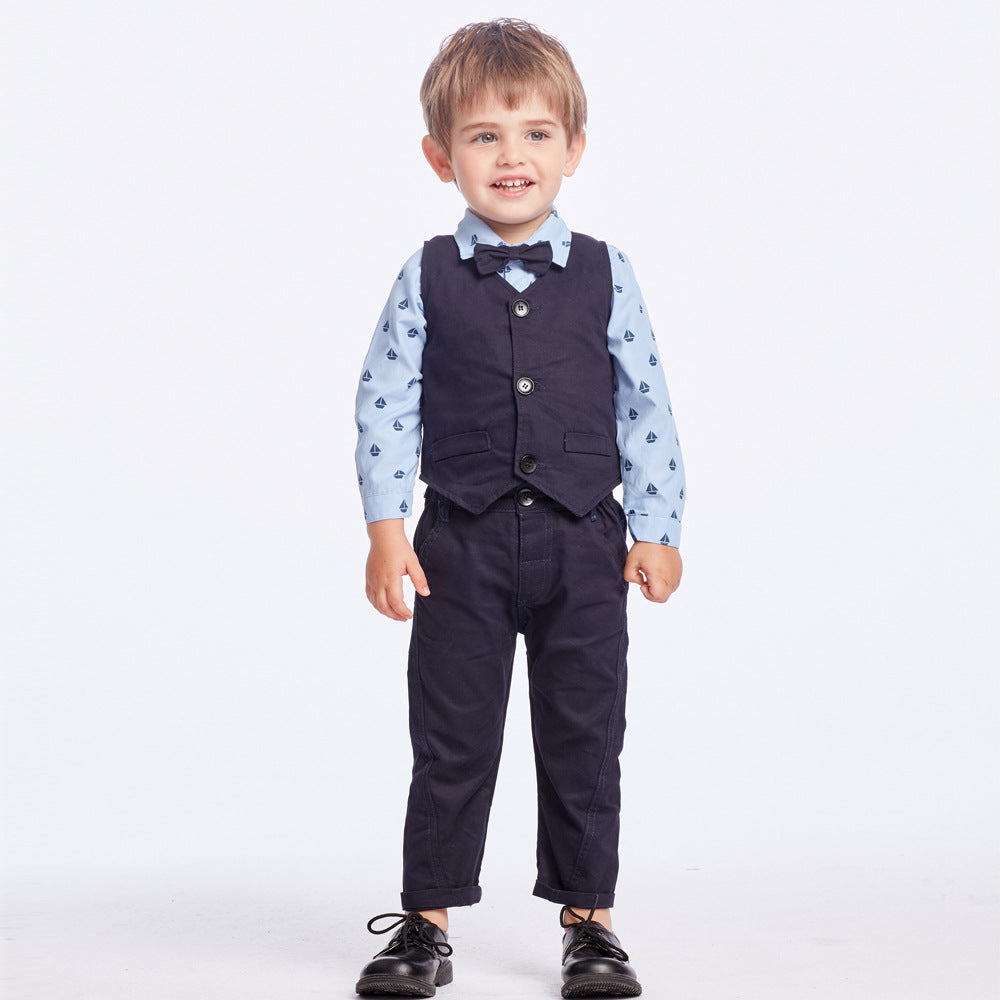 Boys' formal wear: gentleman's long-sleeve set for infants and toddlers - sailing print bodysuit, vest, and three-piece british style outfit