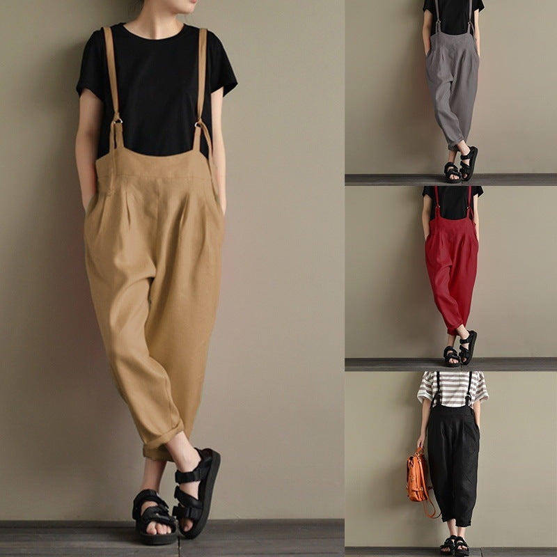 2026 cross-border wish amazon new european and american style women's vintage cotton linen overalls casual long pants - in stock