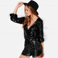 2025 new european and american cross-border women's deep v waist-cinching long sleeve bodycon sexy fashion sequin jumpsuit