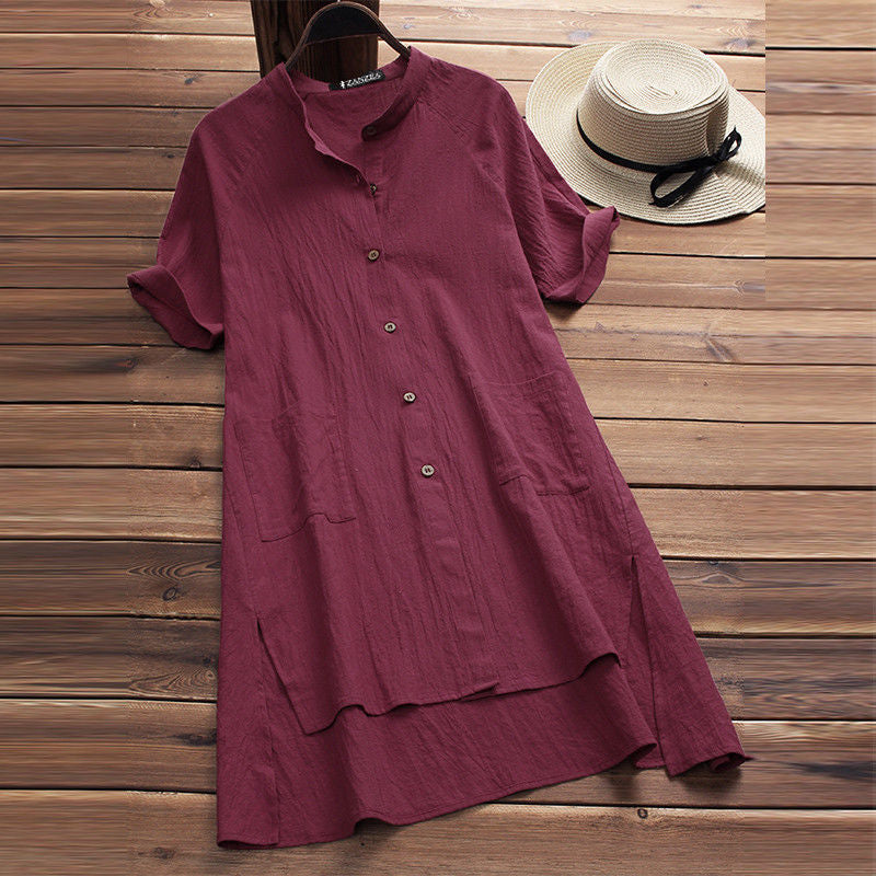 2025 ebay amazon casual women's raglan sleeve button-down pocket cotton linen shirt - new arrival