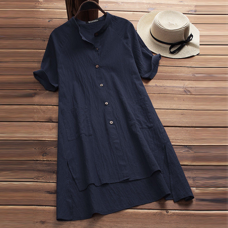 2025 ebay amazon casual women's raglan sleeve button-down pocket cotton linen shirt - new arrival