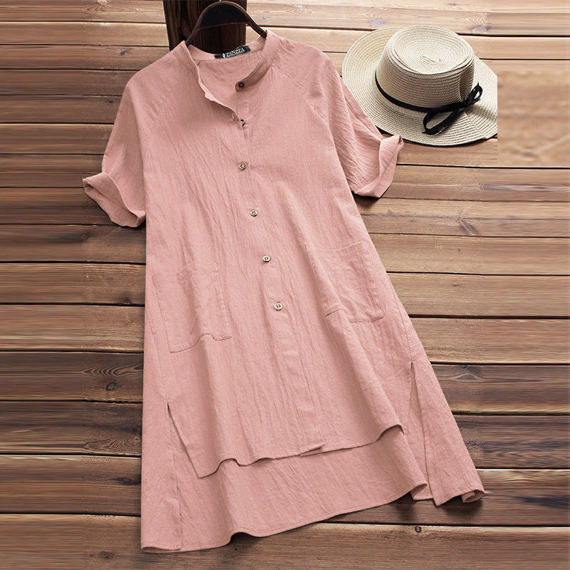 2025 ebay amazon casual women's raglan sleeve button-down pocket cotton linen shirt - new arrival