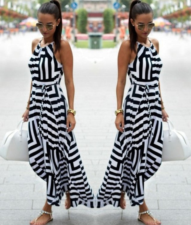2025ebay fashion black and white geometric printingloosedress large hem long skirt spring and summer women's clothing