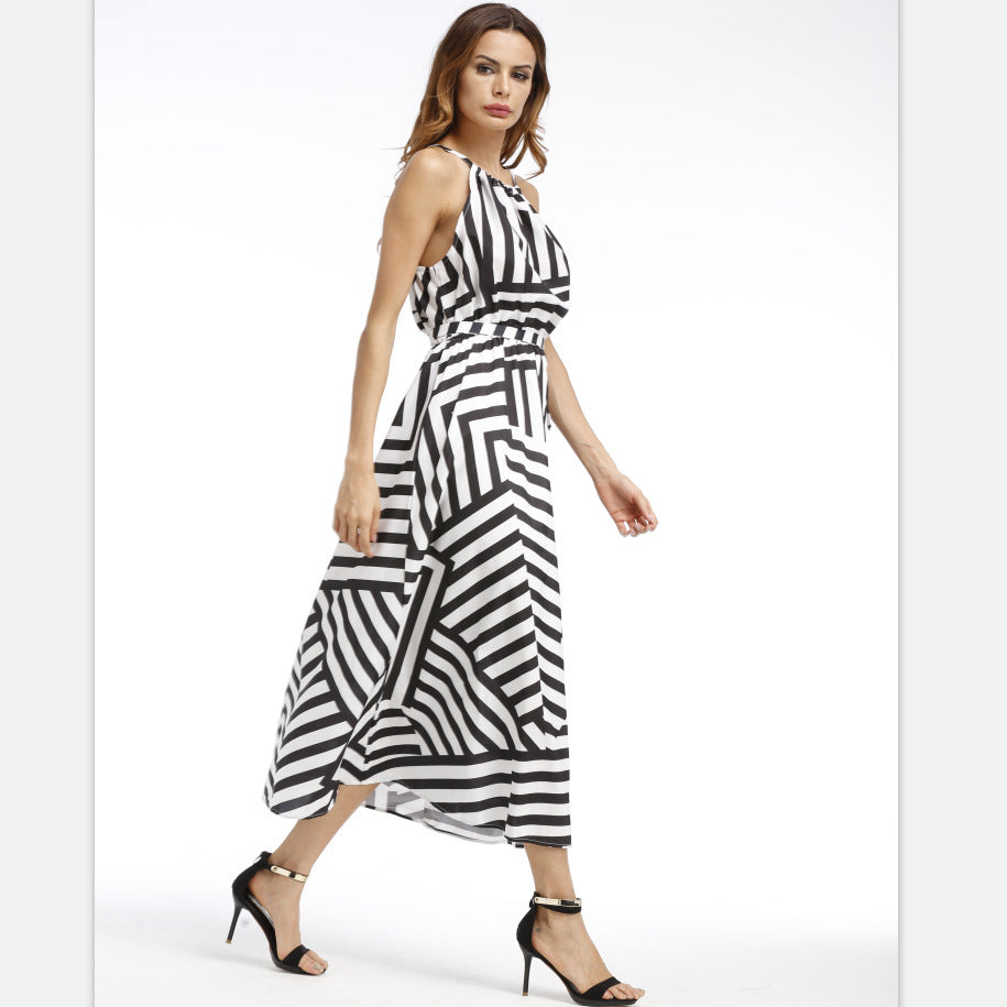 2025ebay fashion black and white geometric printingloosedress large hem long skirt spring and summer women's clothing