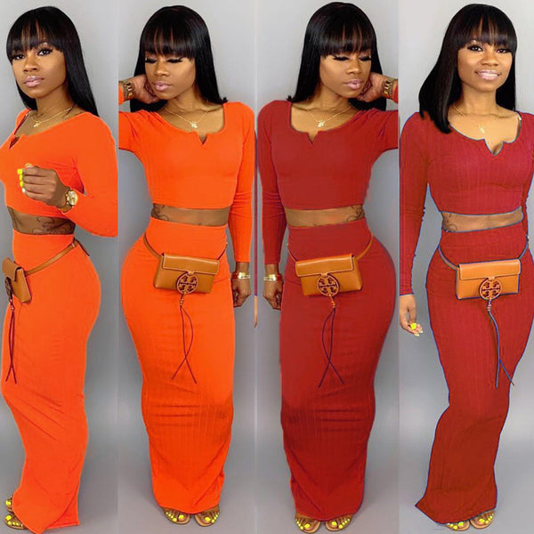 Z017   Independent Station Source European and American Sexy Women's Clothing Long Sleeve Threaded Solid Color Two-piece Set