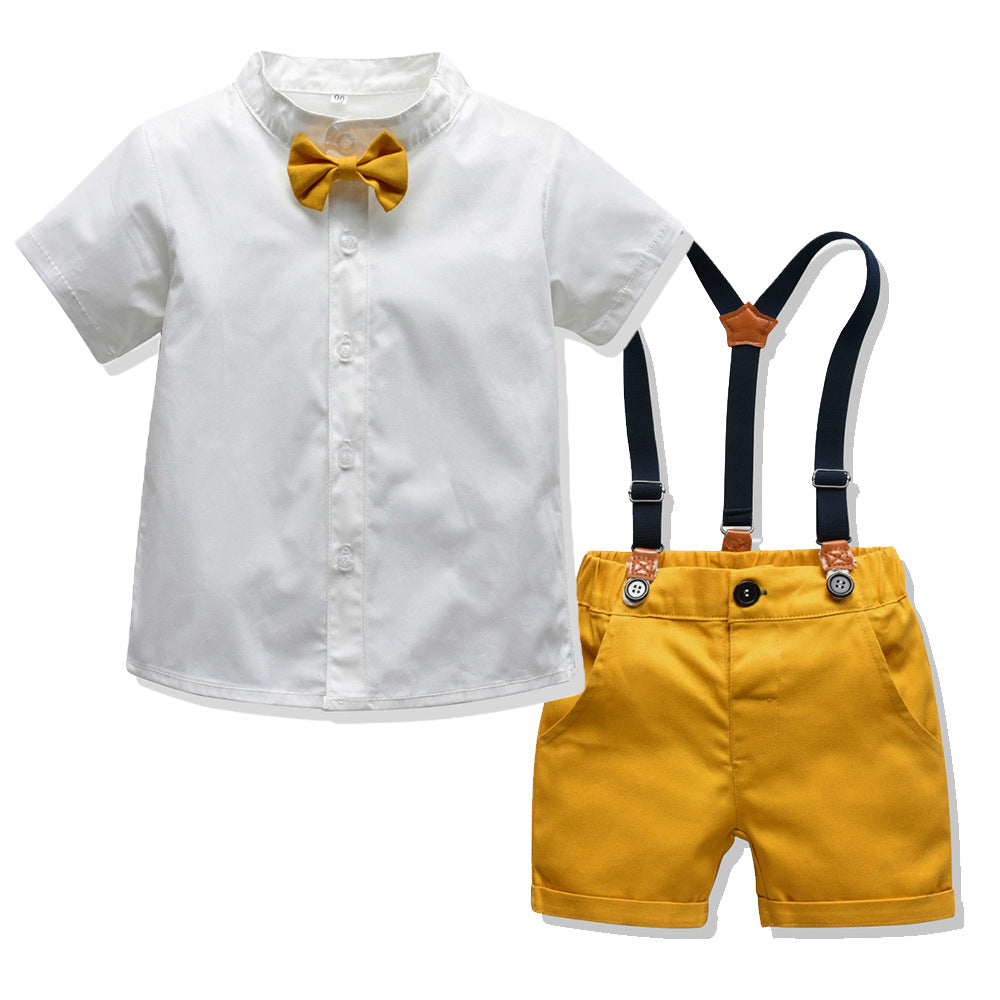European and american style ins-inspired boys' outfit set: stand collar short sleeve top and shorts - wholesale baby suit for infants, toddlers, and young boys - summer collection