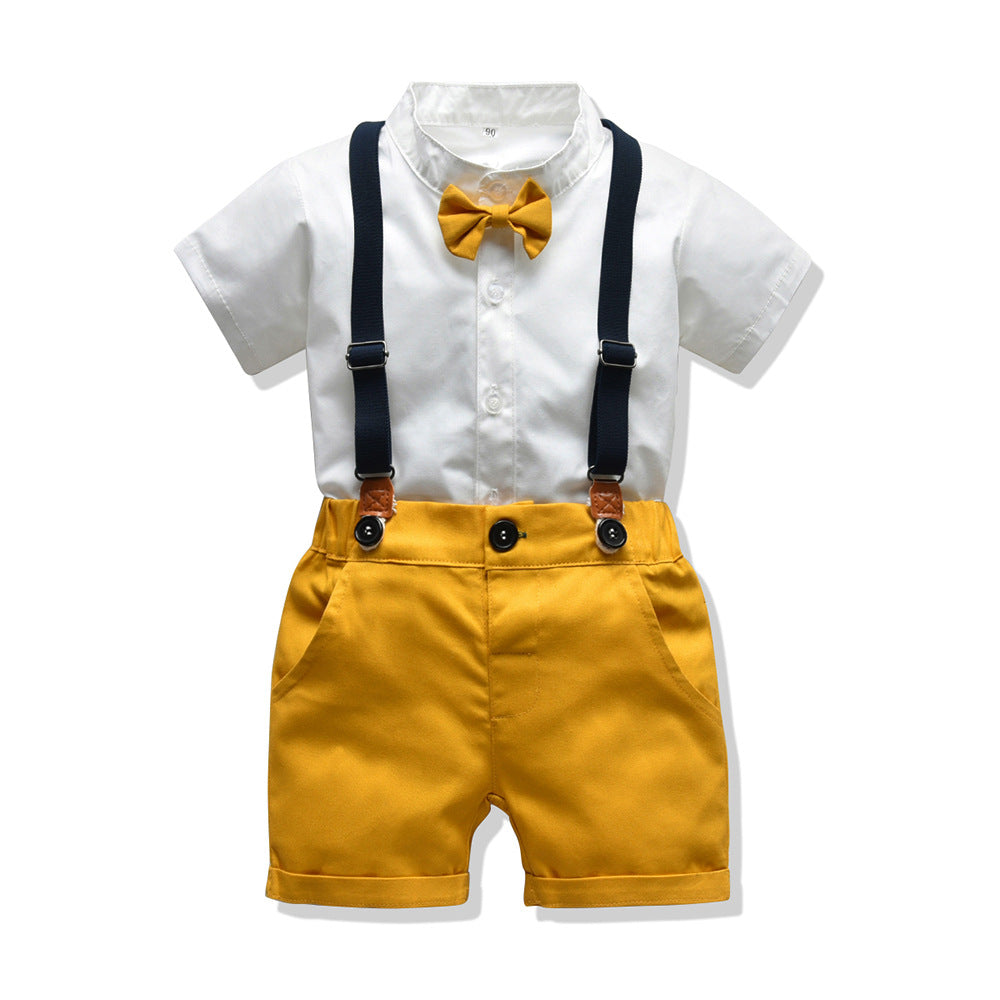European and american style ins-inspired boys' outfit set: stand collar short sleeve top and shorts - wholesale baby suit for infants, toddlers, and young boys - summer collection