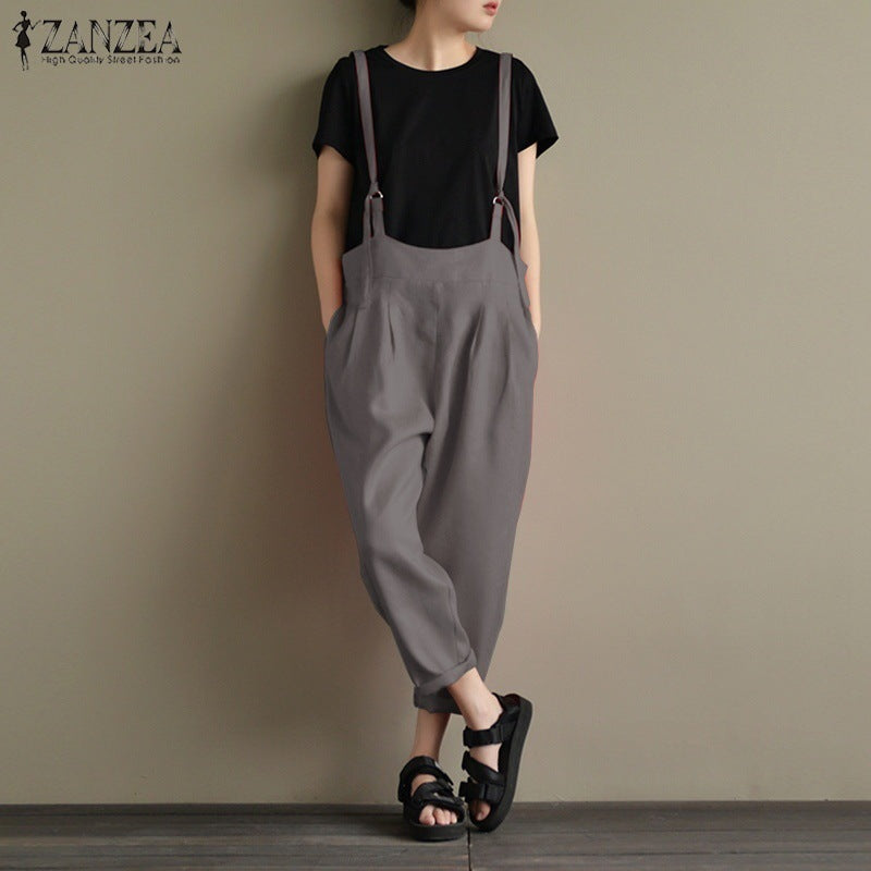 2026 cross-border wish amazon new european and american style women's vintage cotton linen overalls casual long pants - in stock