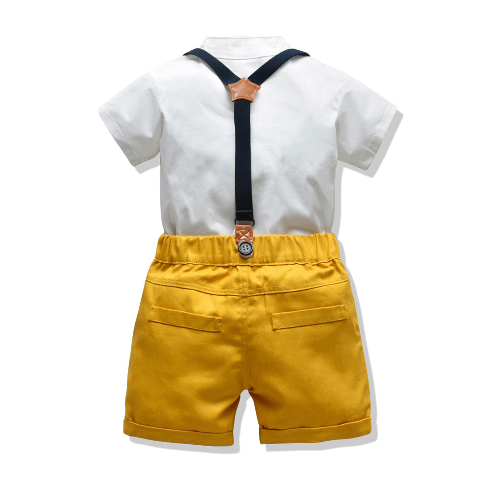 European and american style ins-inspired boys' outfit set: stand collar short sleeve top and shorts - wholesale baby suit for infants, toddlers, and young boys - summer collection