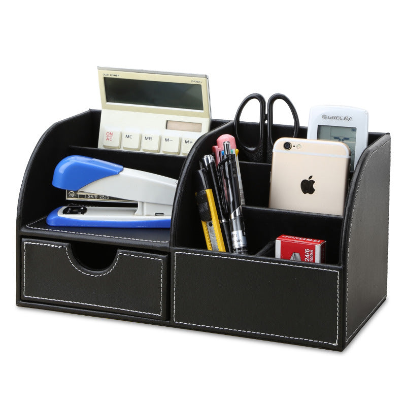 Business office storage pen holder creative fashion desktop office supplies stationery box multi-function black pu storage box