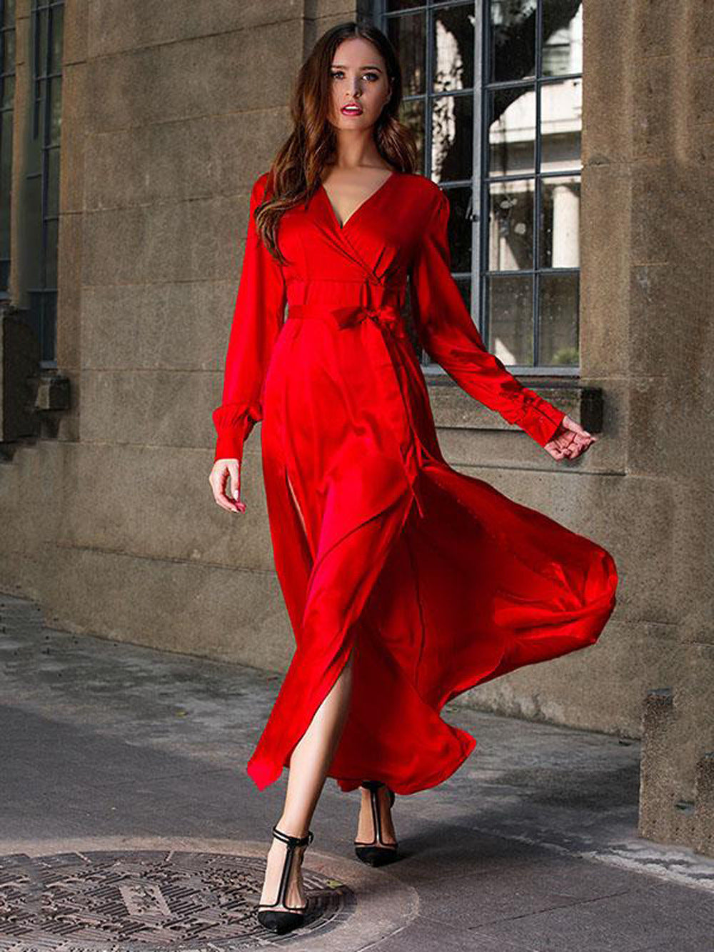 summer new arrivals: european and american style women's deep v-neck elegant patchwork slit maxi dress - solid color