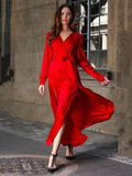summer new arrivals: european and american style women's deep v-neck elegant patchwork slit maxi dress - solid color