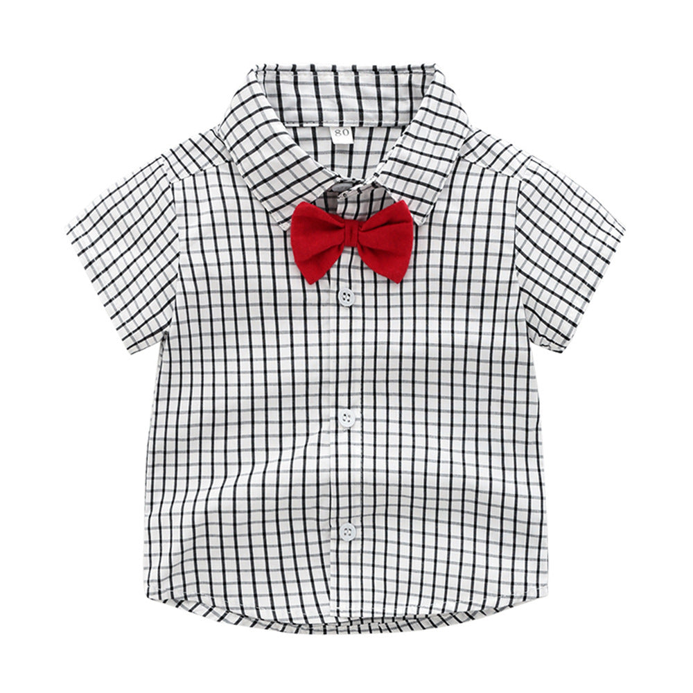 European and american boys' and girls' plaid short-sleeved shirt and shorts two-piece set, in stock. boyclothes british style outfit