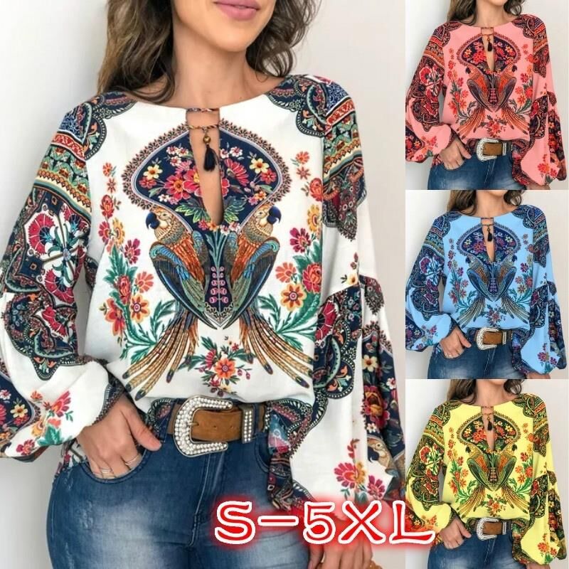 spring/summer new women's fashion: unique digital print round neck lantern sleeve blouse 5006 - large inventory available now