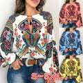 spring/summer new women's fashion: unique digital print round neck lantern sleeve blouse 5006 - large inventory available now