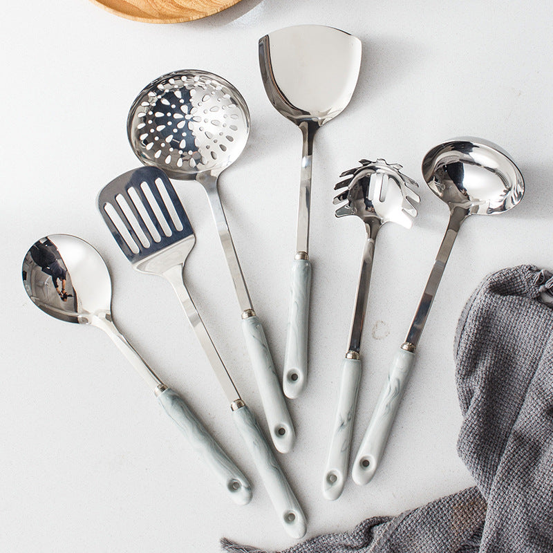 Stainless steel ladle with marble ceramic handle - stainless steel kitchen utensil set - 7-piece kitchen cooking spoon and spatula gift set