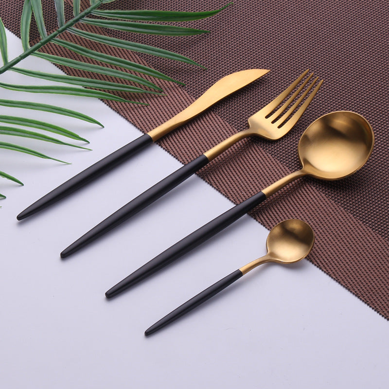 High-end western cutlery set, including steak knives, chopsticks, forks, and spoons, made from 304 stainless steel. available in black gold and original stainless steel finishes