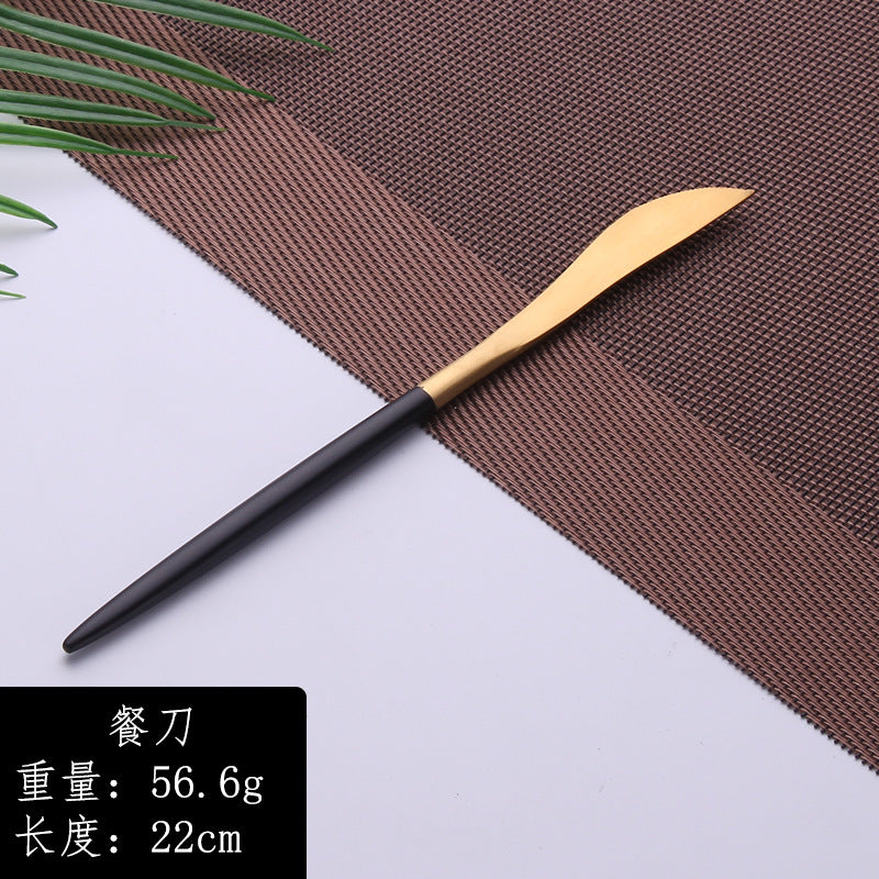 High-end western cutlery set, including steak knives, chopsticks, forks, and spoons, made from 304 stainless steel. available in black gold and original stainless steel finishes