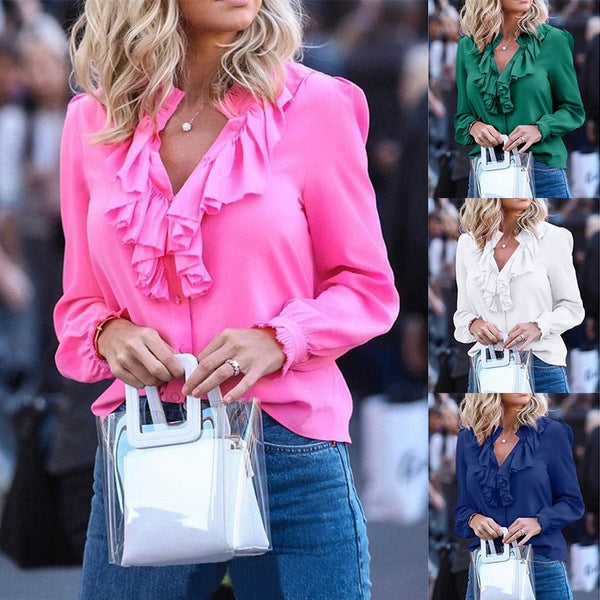 Wish  hot sale, spring and summer solid color ruffle edge V-neck pullover chiffon shirt women