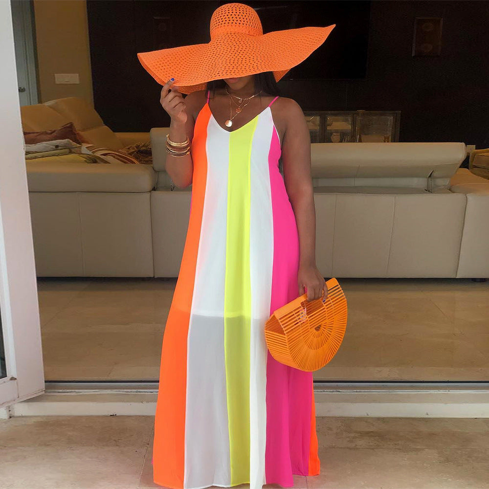 S3567 summer hot sale  women's clothing popular striped contrasting color printing dress beach suspender skirt women