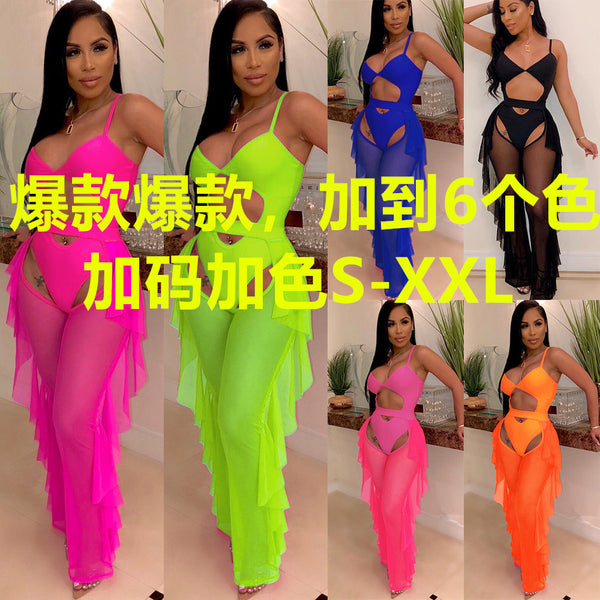 Z018  Express Dunhuang Independent Station Source European and American sexy women's clothing solid color swimsuit mesh two-piece set
