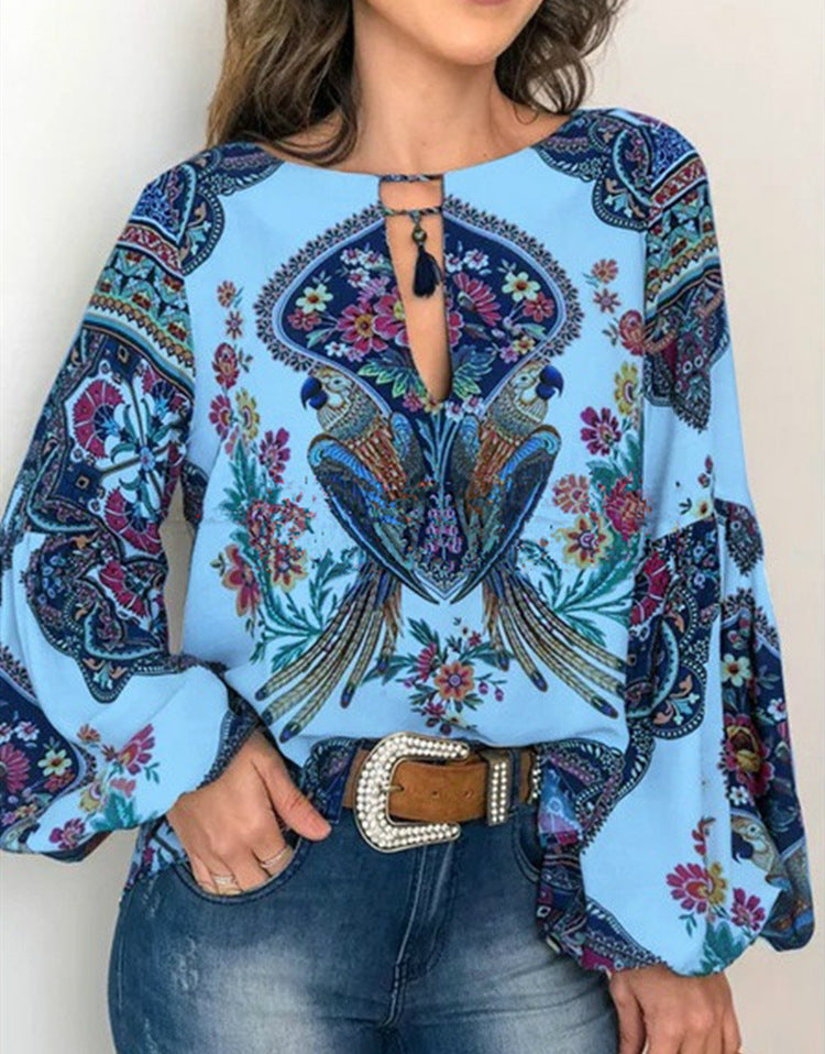 spring/summer new women's fashion: unique digital print round neck lantern sleeve blouse 5006 - large inventory available now