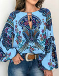 spring/summer new women's fashion: unique digital print round neck lantern sleeve blouse 5006 - large inventory available now