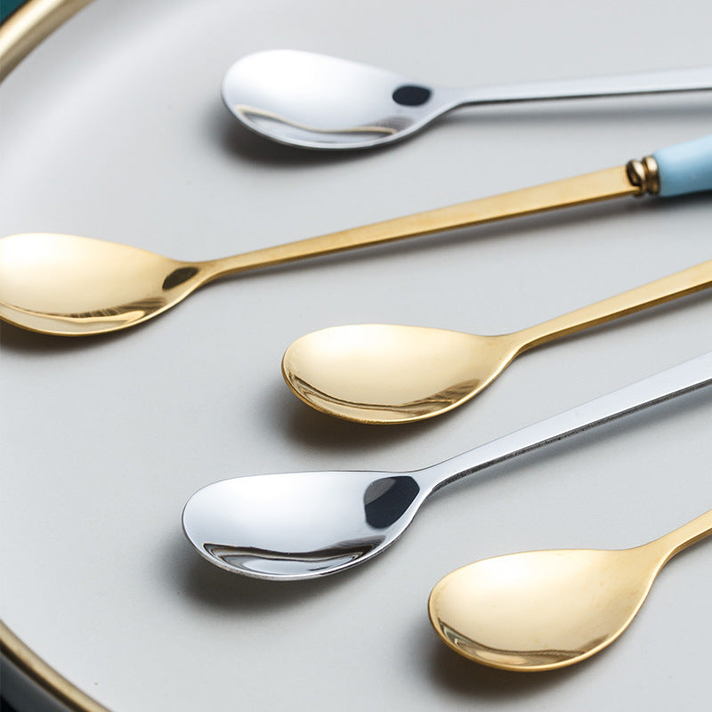 dopamine color ceramic handle spoon for home stainless steel mixing spoon ice cream coffee spoon long handle spoon