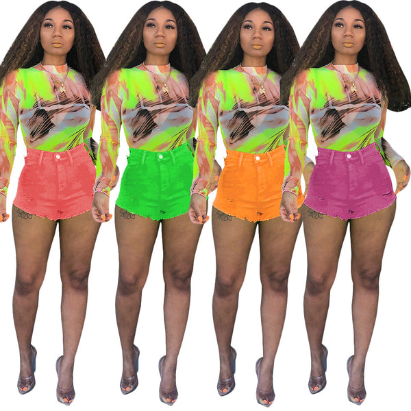 S3561 Sexy slim-fit polished ripped washed denim shorts women's multi-color pencil pants