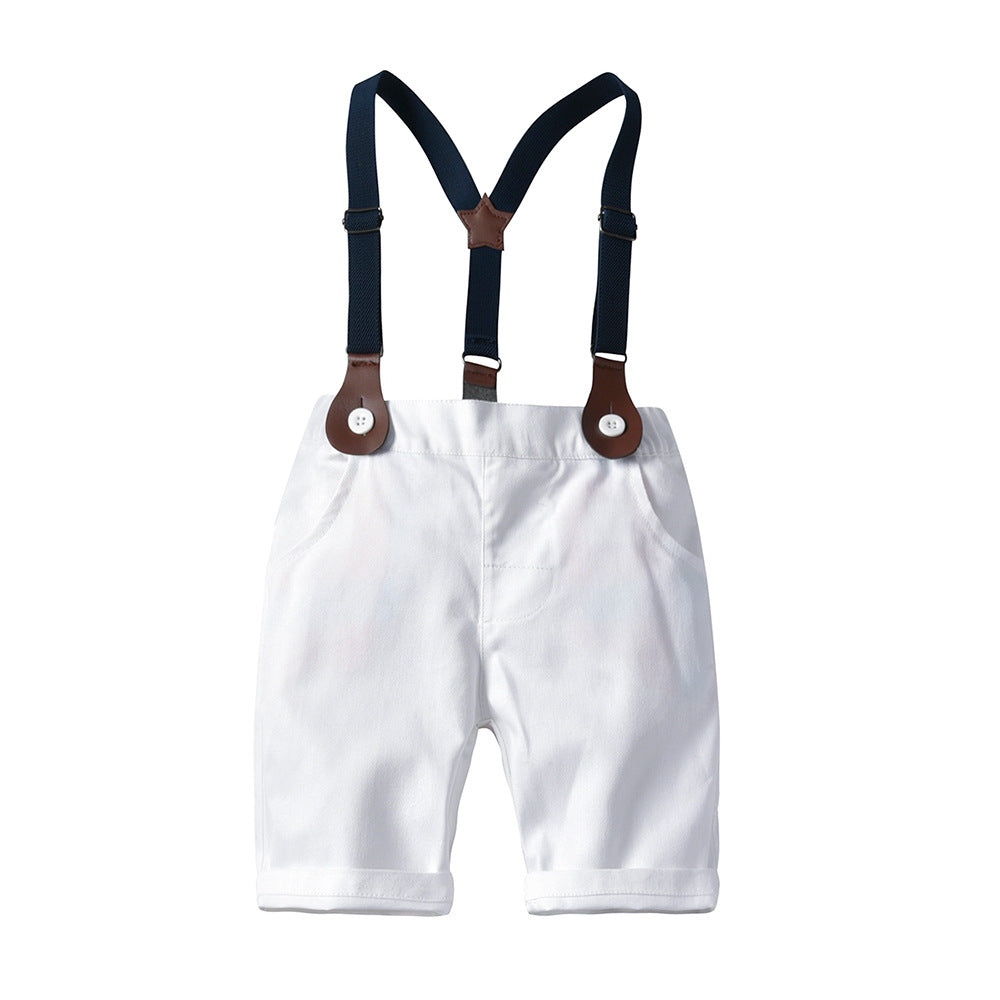 Summer boys' new short-sleeve plaid suspender set with bow tie - two-piece children's formal outfit for birthday celebrations and special occasions