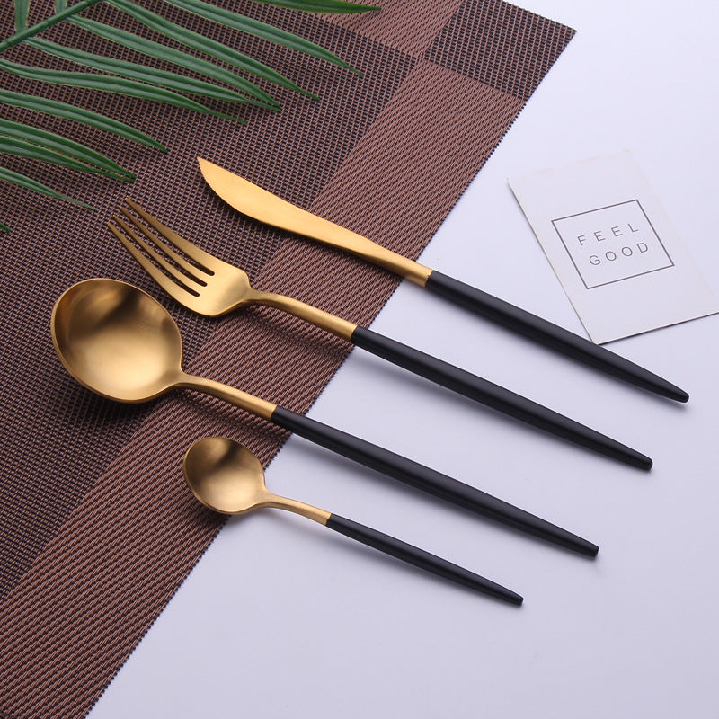 High-end western cutlery set, including steak knives, chopsticks, forks, and spoons, made from 304 stainless steel. available in black gold and original stainless steel finishes