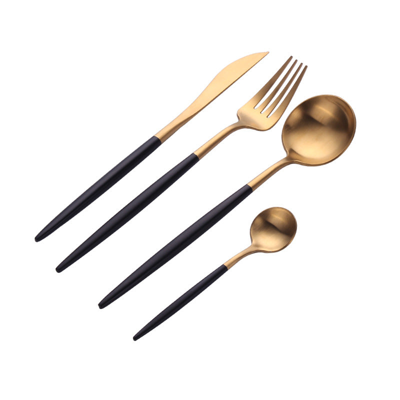 High-end western cutlery set, including steak knives, chopsticks, forks, and spoons, made from 304 stainless steel. available in black gold and original stainless steel finishes